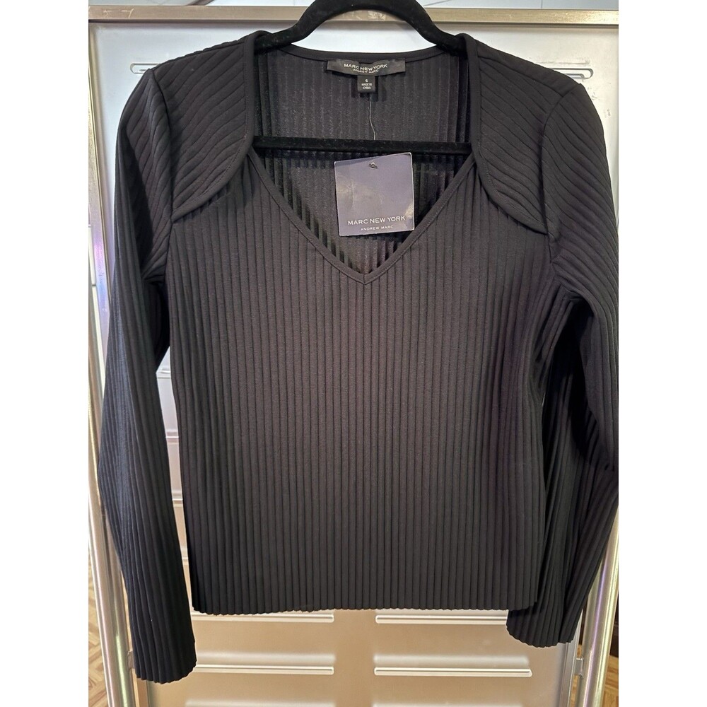 Marc New York Andrew Marc Womens Black Solid Ribbed Knit V-Neck Sweater S